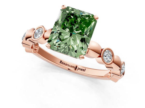 Rose Gold Radiant Cut Engagement Ring Setting for Fancy Green Center with Bezel Station Beaded Band