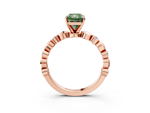 Rose Gold Radiant Cut Engagement Ring Setting for Fancy Green Center with Bezel Station Beaded Band
