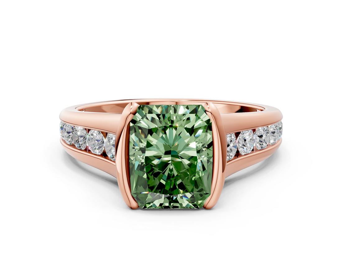 Rose gold Fancy Green Radiant  Solitaire Bezel-Set Diamond Ring with Channel-Set Band_36