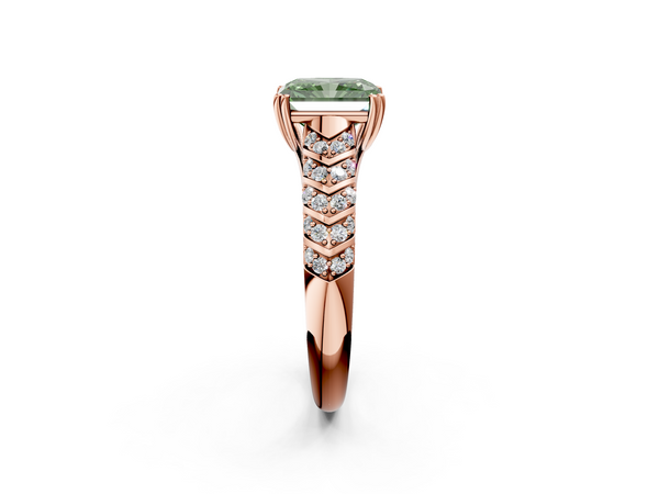 Rose gold Fancy Green Radiant  Solitaire Chevron Pave Diamond Engagement Ring with Six-Prong Setting
