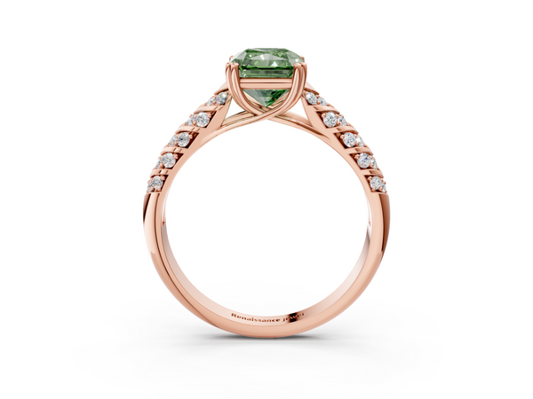 Rose gold Fancy Green Radiant  Solitaire Chevron Pave Diamond Engagement Ring with Six-Prong Setting
