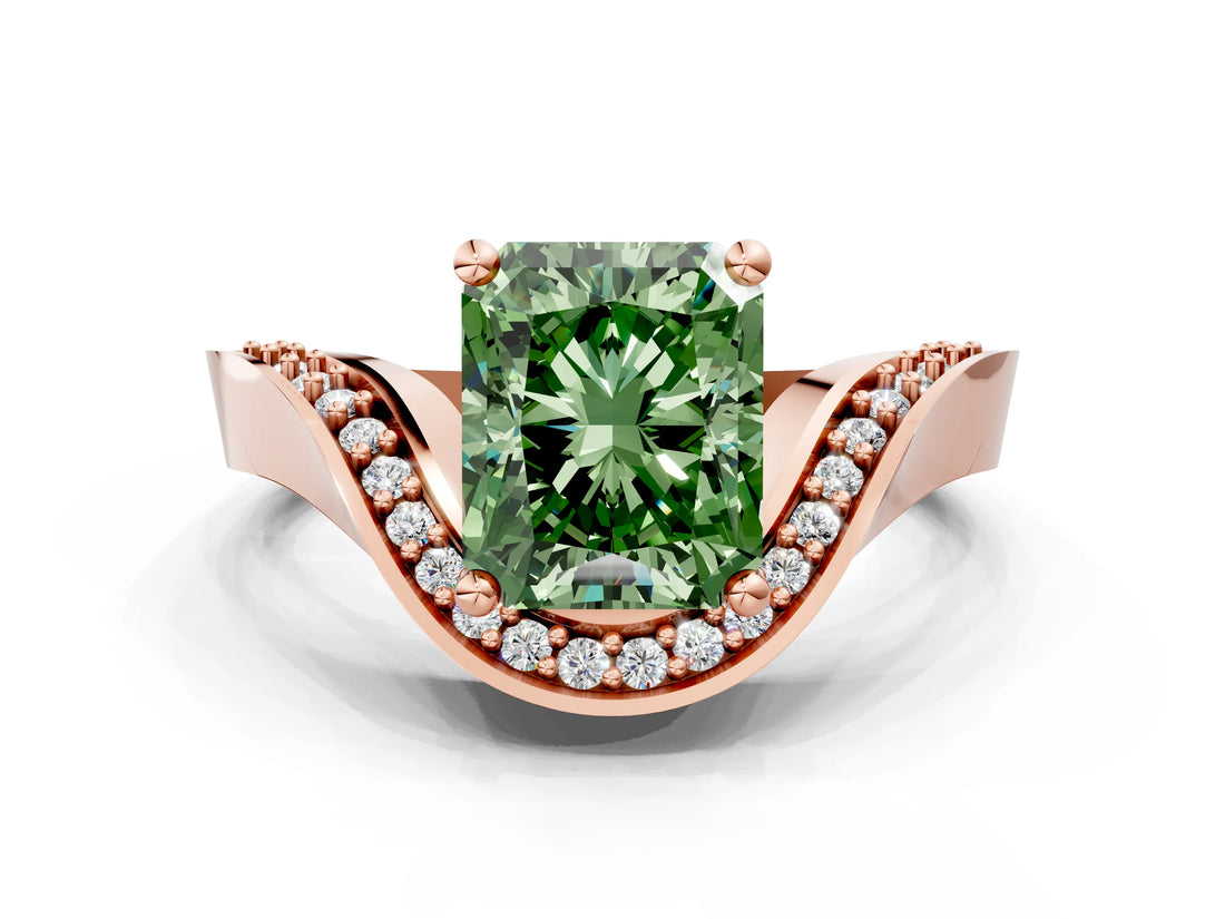 Rose gold Fancy Green Radiant  Solitaire Diamond Engagement Ring with Pave Band and Four-Prong Setting 2