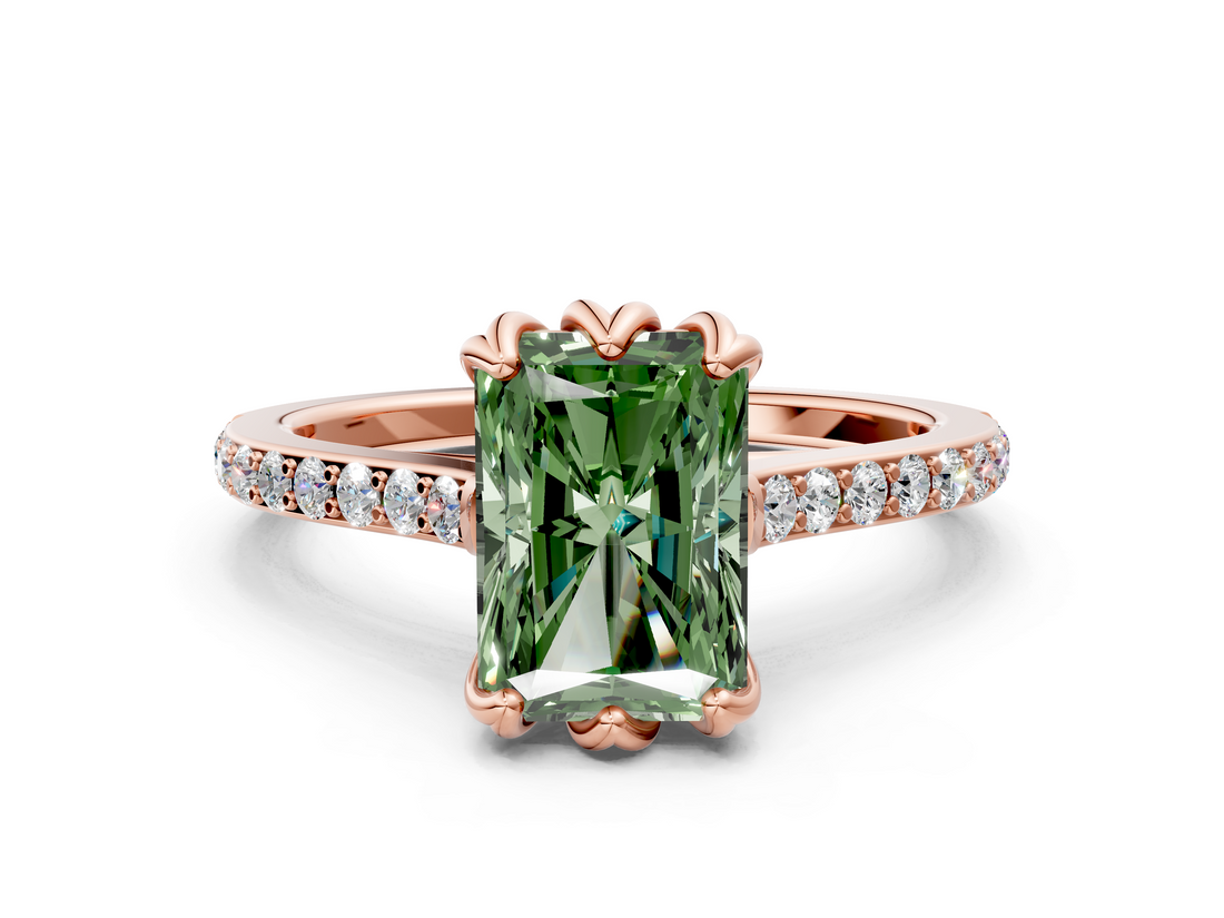 Rose gold Fancy Green Radiant  Solitaire Diamond Engagement Ring with Pave Band and Six-Prong Setting_21