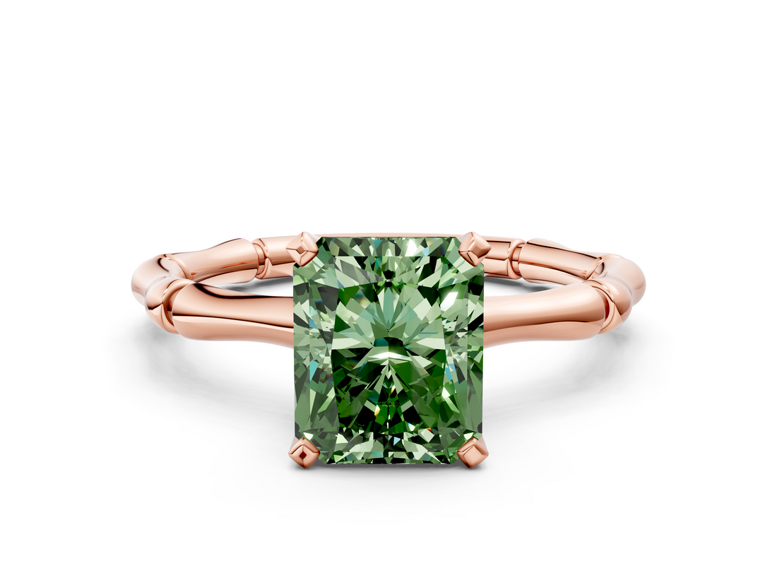 Rose gold Fancy Green Radiant  Solitaire Diamond Ring with Bamboo Band and Four-Prong Setting_82