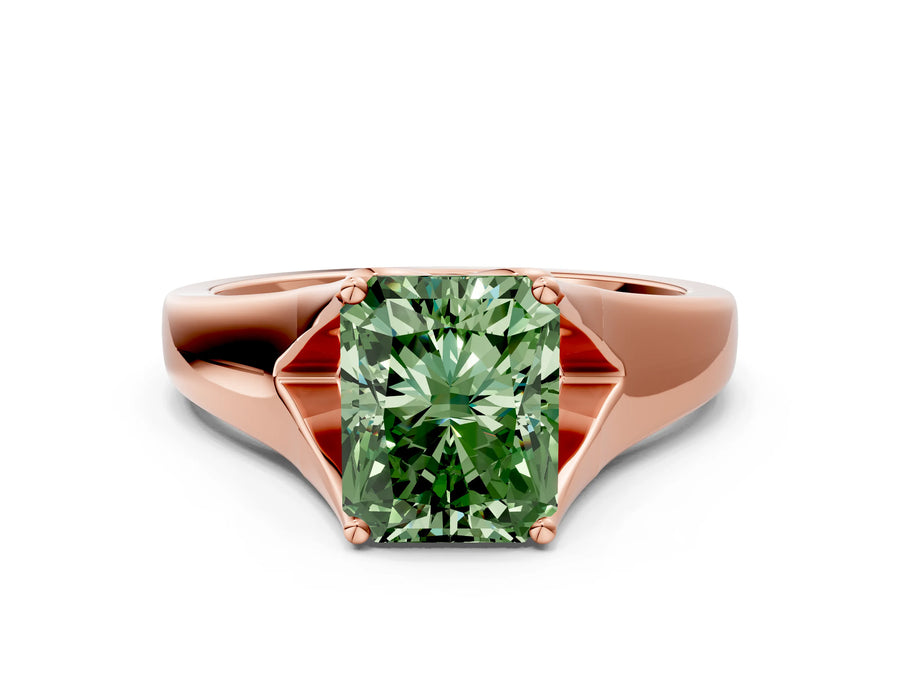 Rose gold Fancy Green Radiant  Solitaire Diamond Ring with Cathedral Band and Four-Prong Setting