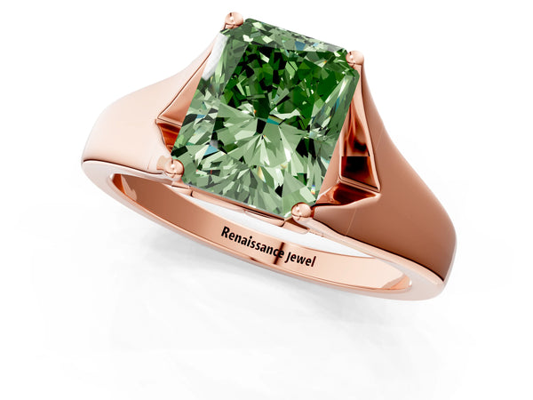 Rose gold Fancy Green Radiant  Solitaire Diamond Ring with Cathedral Band and Four-Prong Setting