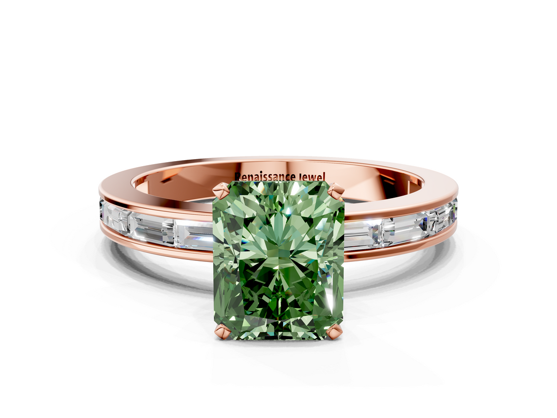 Rose gold Fancy Green Radiant  Solitaire Diamond Ring with Channel-Set Baguette Band and Four-Prong Setting_80