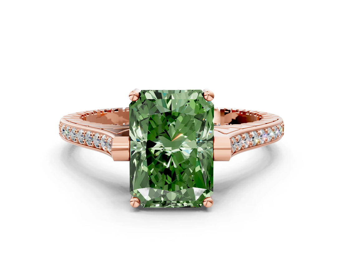 Rose gold Fancy Green Radiant  Solitaire Diamond Ring with Channel Set Band and Bezel Prong Setting_56