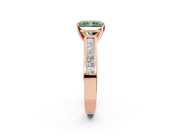 Rose gold Fancy Green Radiant  Solitaire Diamond Ring with Channel-Set Band and Four-Prong Setting