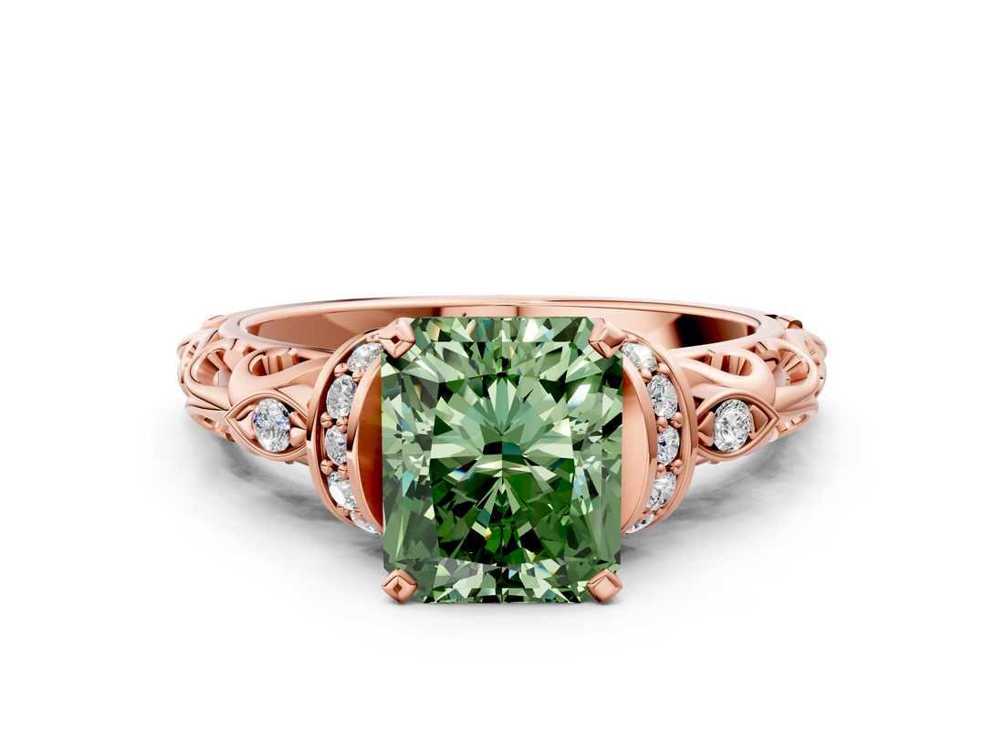 Rose gold Fancy Green Radiant  Solitaire Diamond Ring with Filigree Band and Four-Prong Setting_42