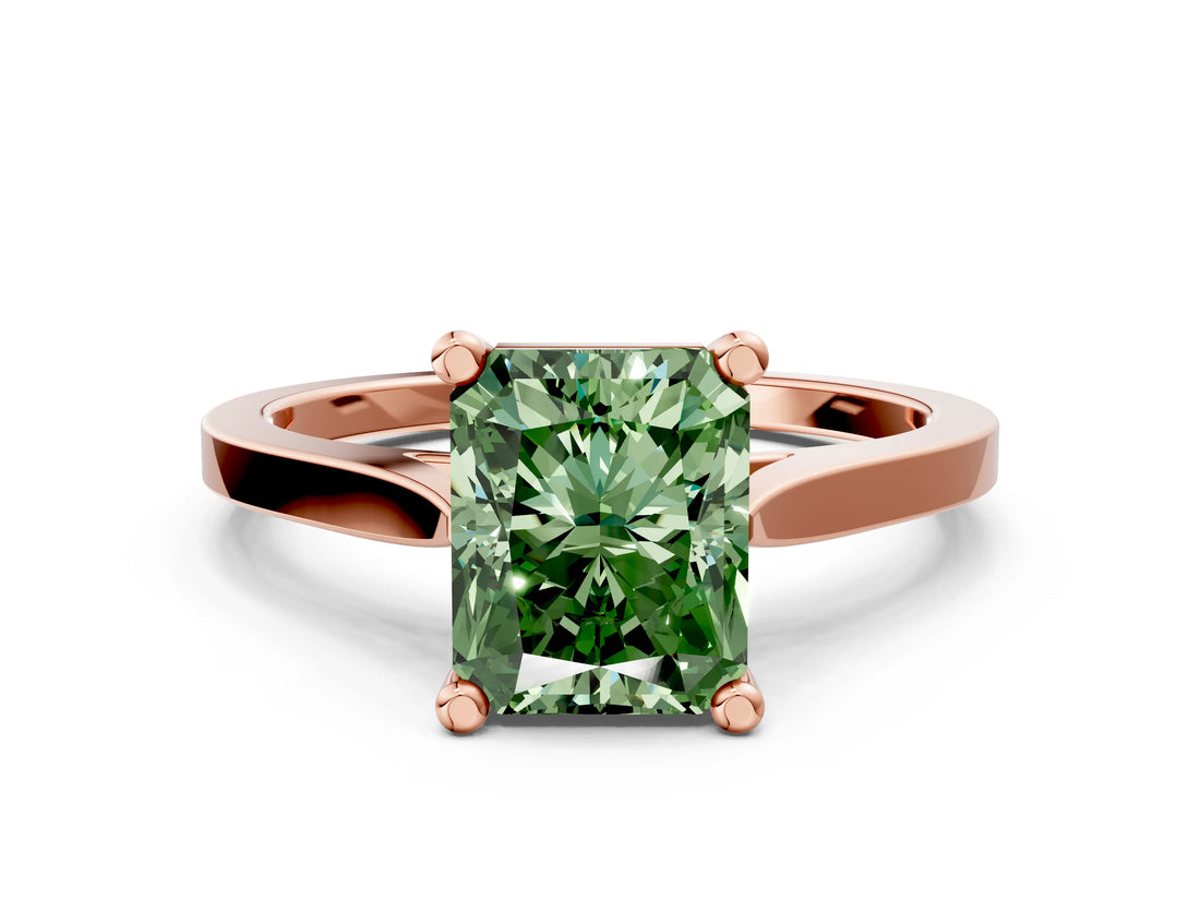 Rose gold Fancy Green Radiant  Solitaire Diamond Ring with Four-Prong Setting and Tapered Band