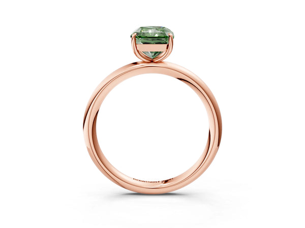 Rose gold Fancy Green Radiant  Solitaire Diamond Ring with Four-Prong Setting on a Plain Band