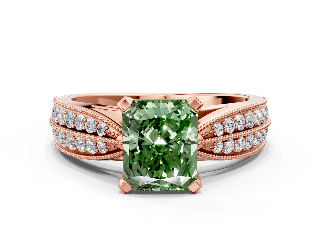 Rose gold Fancy Green Radiant  Solitaire Diamond Ring with Milgrain Pavé Band and Four-Prong Setting_36