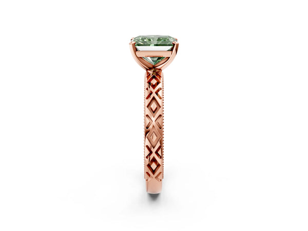 Rose gold Fancy Green Radiant  Solitaire Diamond Ring with Milgrain and Black Enamel X Pattern Band