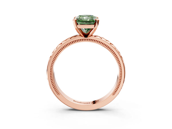 Rose gold Fancy Green Radiant  Solitaire Diamond Ring with Milgrain and Black Enamel X Pattern Band