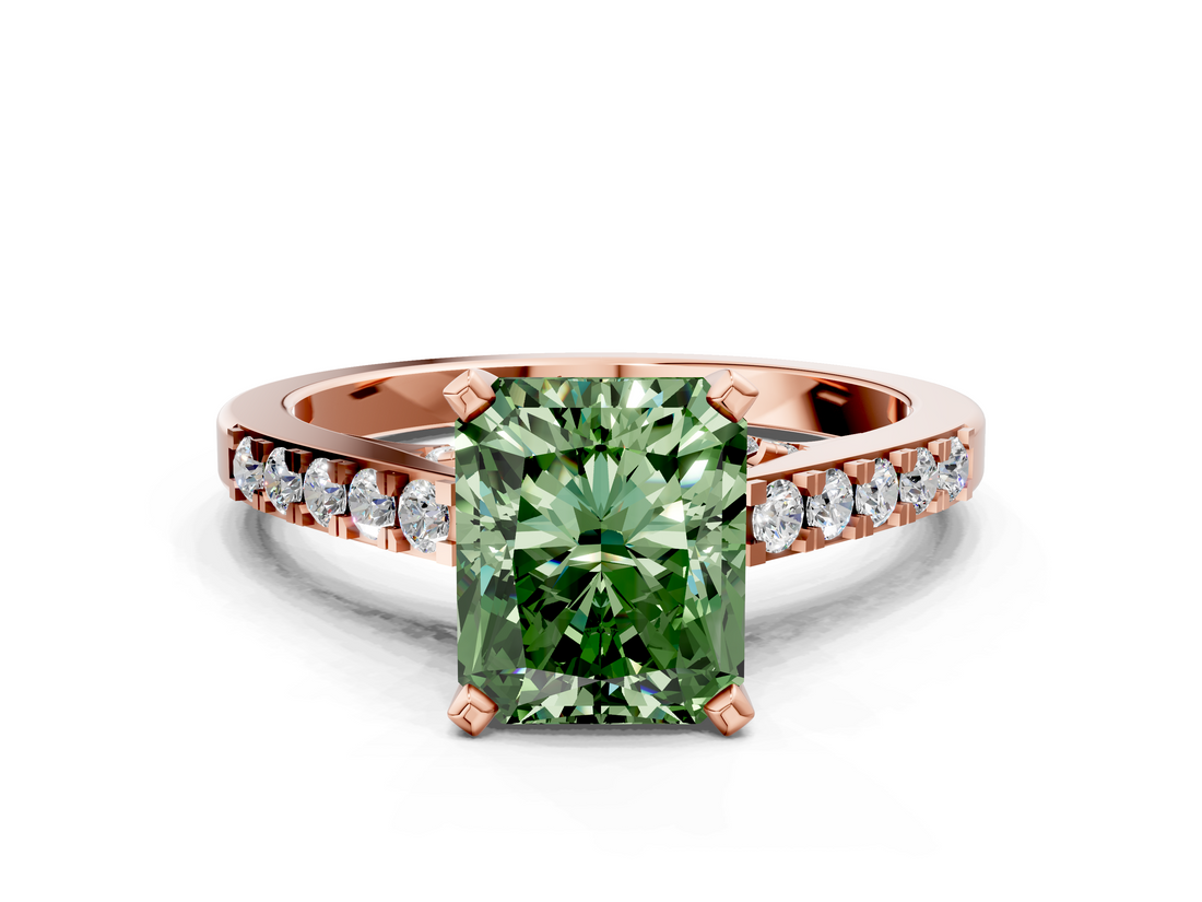 Rose gold Fancy Green Radiant  Solitaire Diamond Ring with Pavé Band and Four-Prong Setting_81