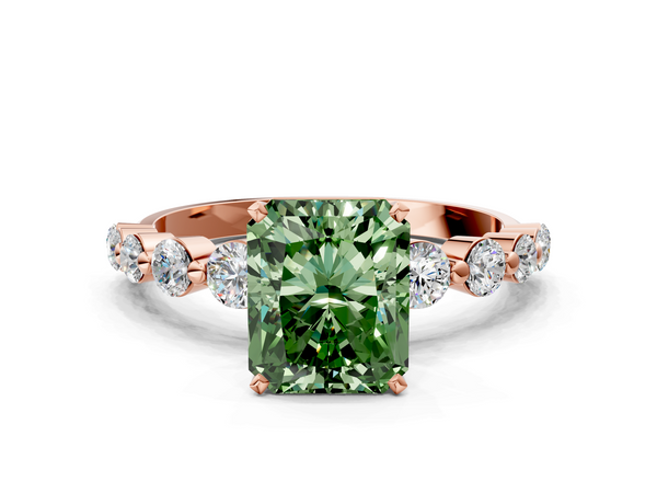 Rose gold Fancy Green Radiant Cut Solitaire Diamond Ring with Pave Band and Four-Prong Setting