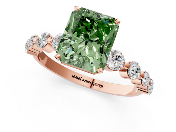 Rose gold Fancy Green Radiant Cut Solitaire Diamond Ring with Pave Band and Four-Prong Setting