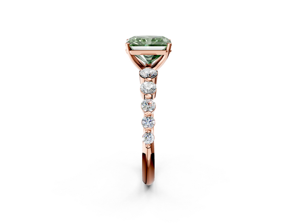 Rose gold Fancy Green Radiant Cut Solitaire Diamond Ring with Pave Band and Four-Prong Setting