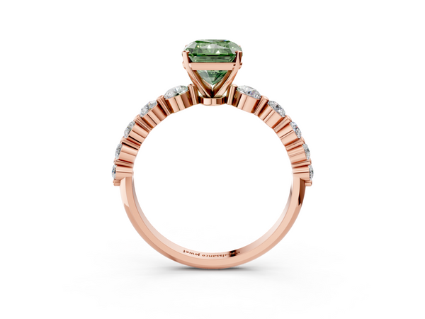 Rose gold Fancy Green Radiant Cut Solitaire Diamond Ring with Pave Band and Four-Prong Setting