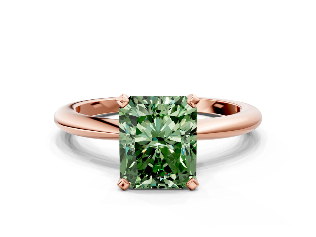 Rose gold Fancy Green Radiant  Solitaire Diamond Ring with Six-Prong Setting on a Classic Band
