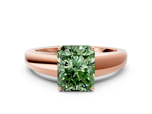 Rose gold Fancy Green Radiant  Solitaire Diamond Ring with Tapered Band and Four-Prong Setting