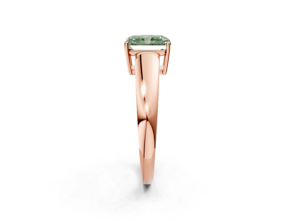 Rose gold Fancy Green Radiant  Solitaire Diamond Ring with Tapered Band and Four-Prong Setting