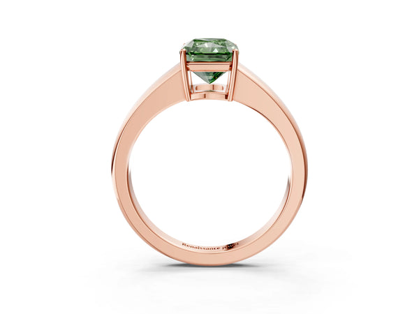 Rose gold Fancy Green Radiant  Solitaire Diamond Ring with Tapered Band and Four-Prong Setting