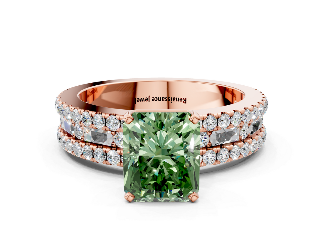 Rose gold Fancy Green Radiant  Solitaire Diamond with Pave and Channel Set Band_42