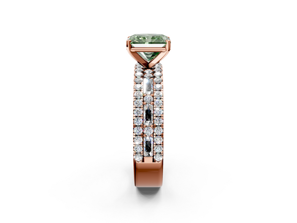 Rose Gold Radiant Cut Pave and Baguette Engagement Ring Setting for Fancy Green Center
