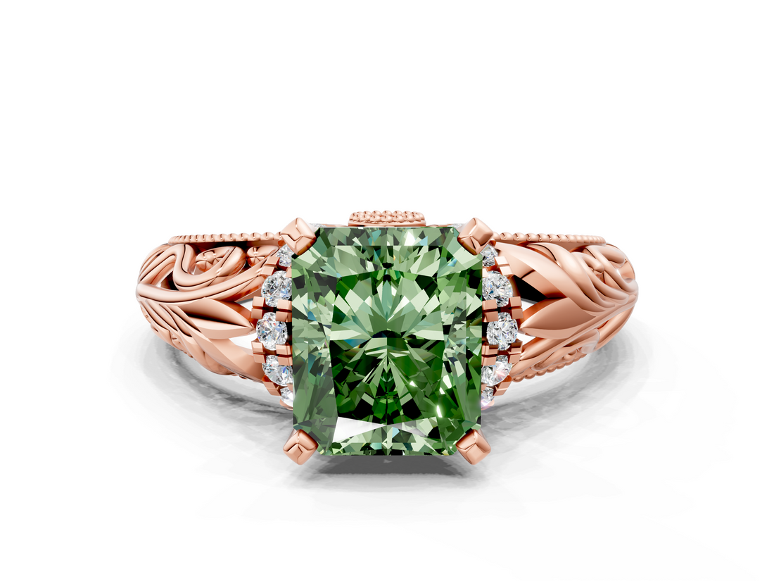Rose gold Fancy Green Radiant  Solitaire Filigree Engagement Ring with Halo and Prong Setting_71