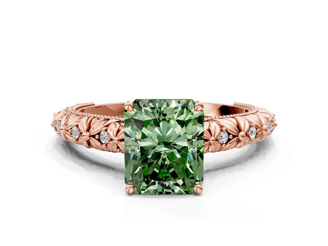 Rose gold Fancy Green Radiant  Solitaire Floral Milgrain Engagement Ring_52