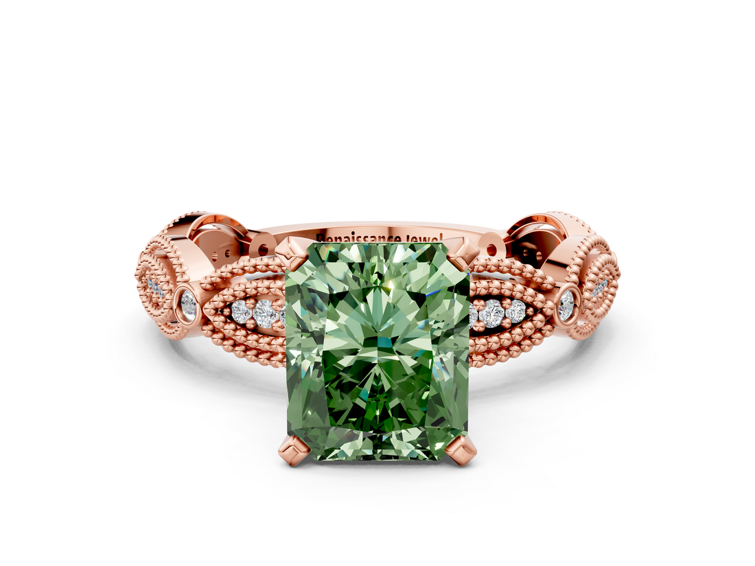 Rose gold Fancy Green Radiant  Solitaire Milgrain Diamond Engagement Ring with Bezel and Marquise Band_111