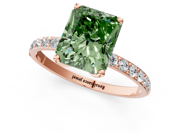 Rose gold Fancy Green Radiant Cut Diamond Solitaire Engagement Ring with Round  Pavé Band and Prong Setting