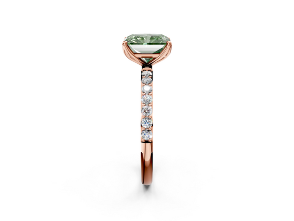 Rose gold Fancy Green Radiant Cut Diamond Solitaire Engagement Ring with Round  Pavé Band and Prong Setting