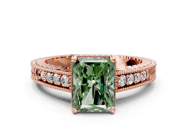 Rose gold Fancy Green Radiant  Solitaire Pavé Diamond Milgrain Engagement Ring with Four-Prong Setting