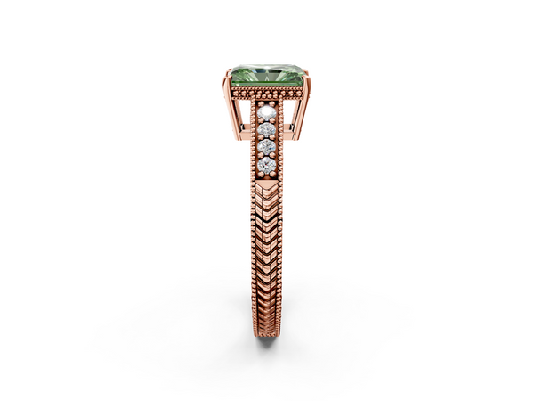 Rose gold Fancy Green Radiant  Solitaire Pavé Diamond Milgrain Engagement Ring with Four-Prong Setting