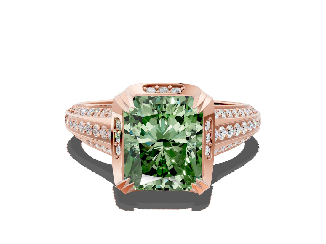 Rose gold Fancy Green Radiant  Solitaire Pave Split Shank Ring with Four-Prong Setting_87