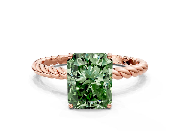 Rose gold Fancy Green Radiant  Solitaire Twist Band Ring with Four-Prong Setting