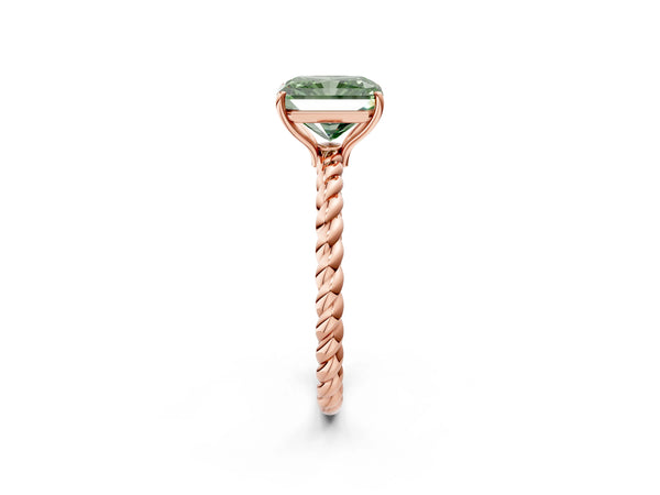 Rose gold Fancy Green Radiant  Solitaire Twist Band Ring with Four-Prong Setting