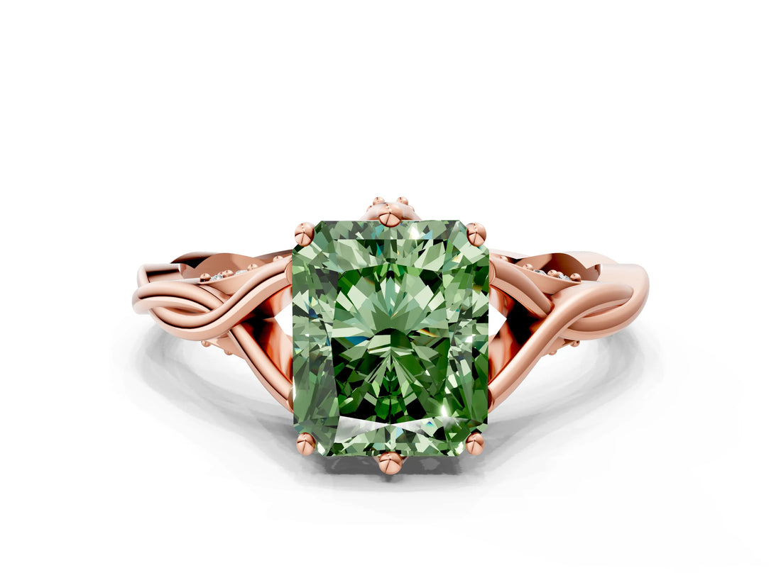 Rose gold Fancy Green Radiant  Solitaire Twist Band Six-Prong Setting