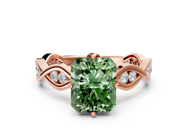 Rose gold Fancy Green Radiant  Solitaire Twist Band with Leaf Prong Setting
