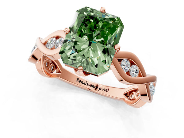 Rose gold Fancy Green Radiant  Solitaire Twist Band with Leaf Prong Setting