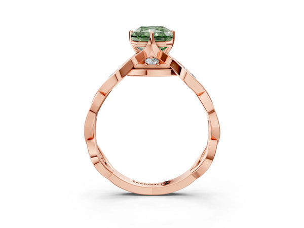 Rose gold Fancy Green Radiant  Solitaire Twist Band with Leaf Prong Setting