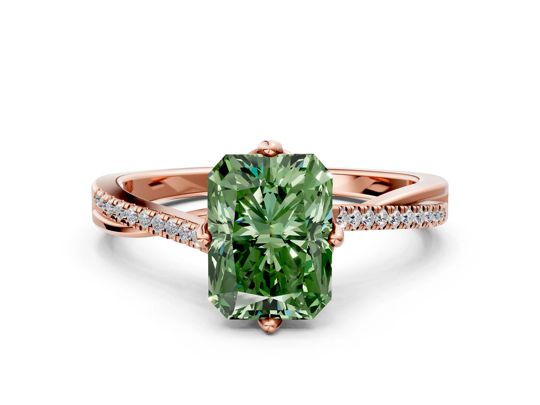 Rose gold Fancy Green Radiant  Solitaire Twist Band with Pavé Diamonds and Four-Prong Setting_53