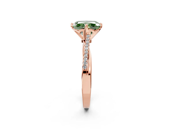 Rose gold Fancy Green Radiant  Solitaire Twist Band with Pavé Diamonds and Four-Prong Setting