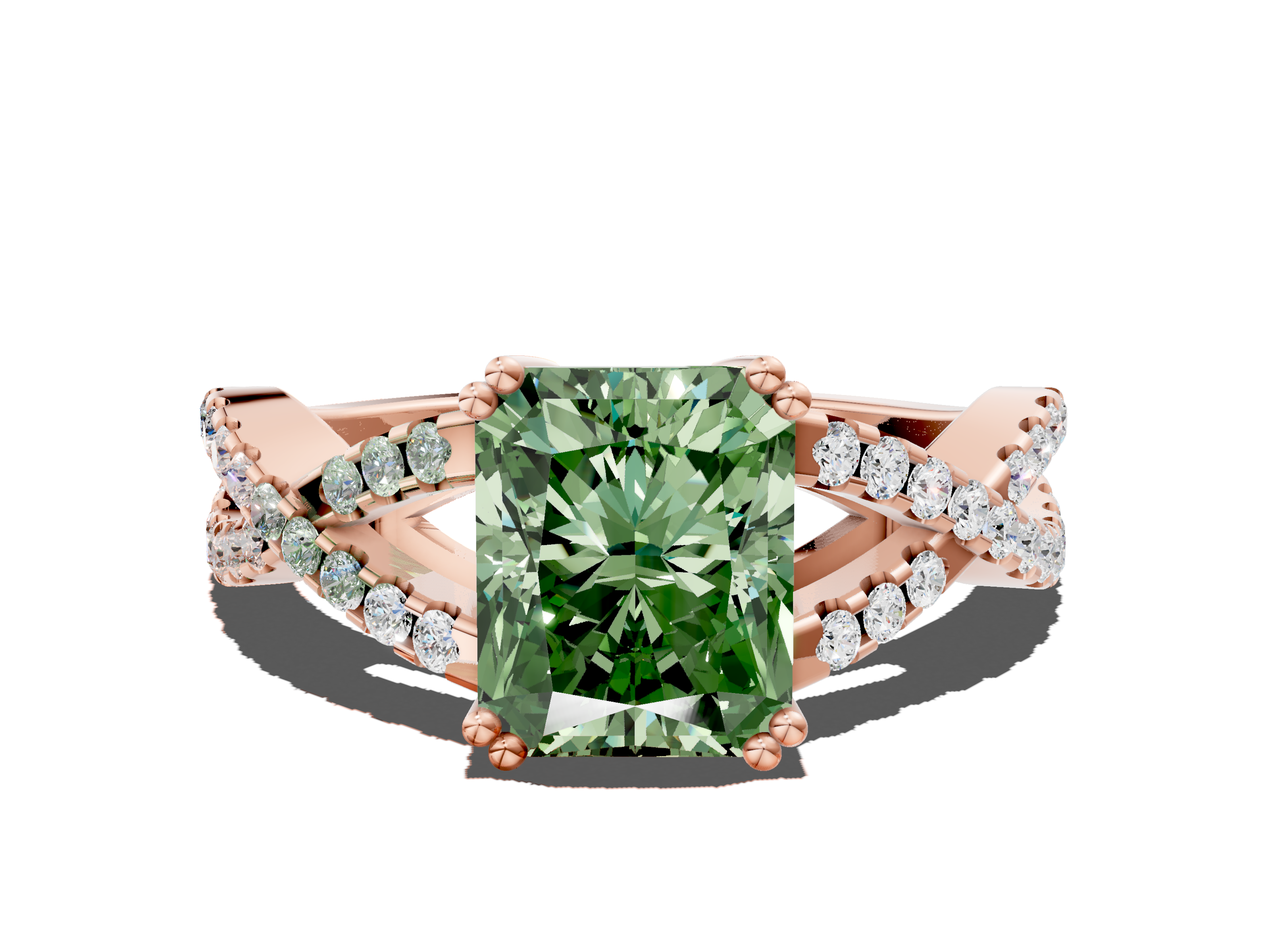Rose gold Fancy Green Radiant  Solitaire Twist Band with Pavé Setting and Four-Prong Setting_47