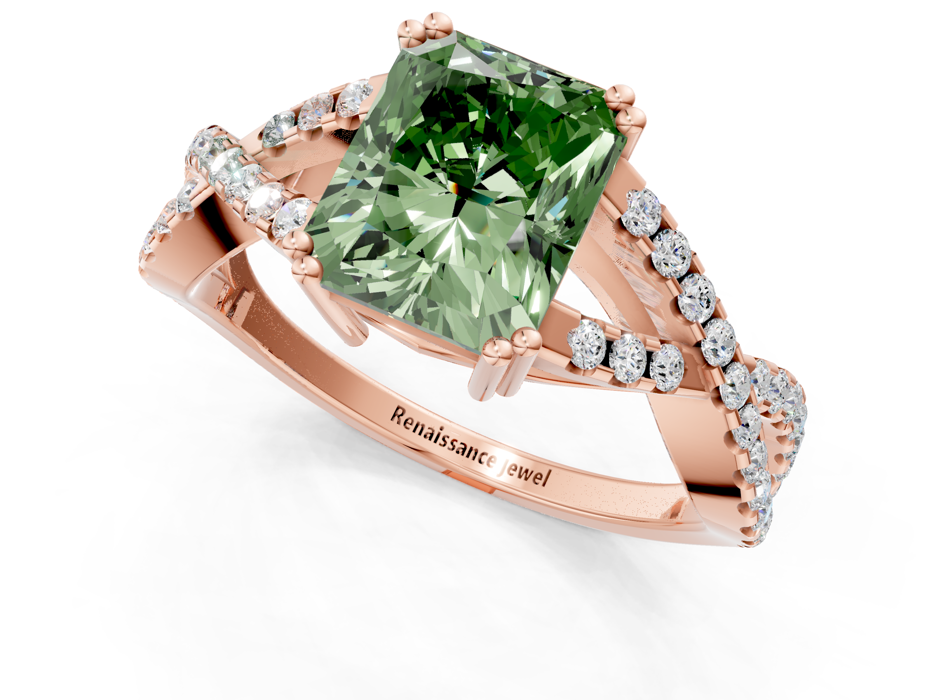 Rose gold Fancy Green Radiant  Solitaire Twist Band with Pavé Setting and Four-Prong Setting_48