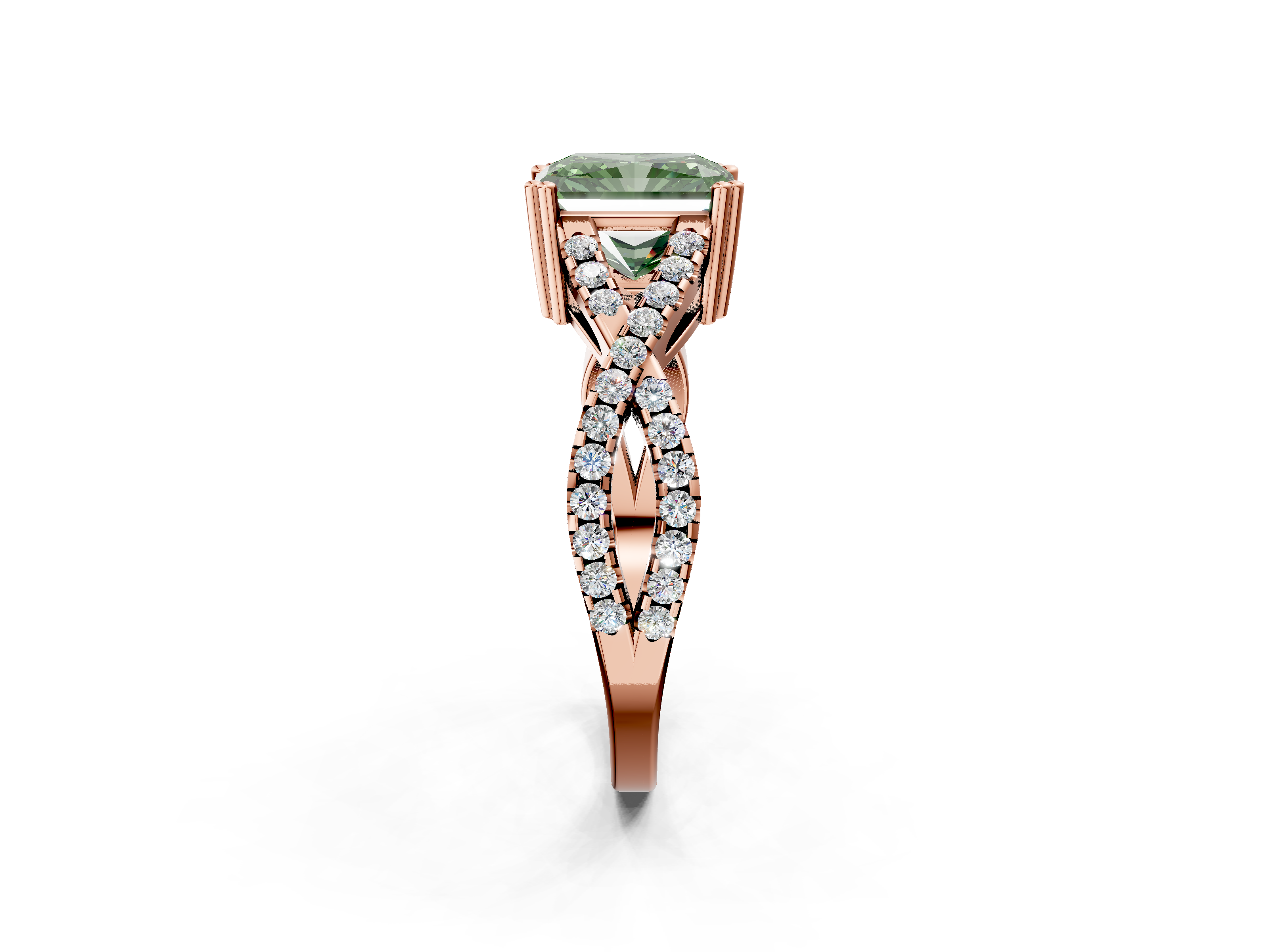 Rose gold Fancy Green Radiant  Solitaire Twist Band with Pavé Setting and Four-Prong Setting_49