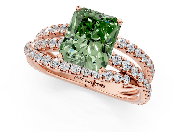 Rose gold Fancy Green Radiant  Solitaire Twist Band with Pavé Setting and Four-Prong Setting